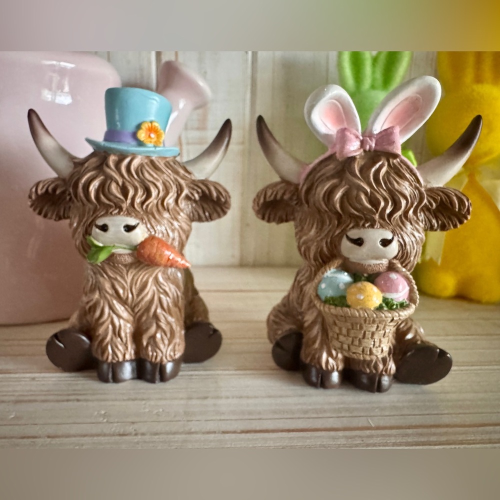 Adorable Highland Cow Figurines with Easter Accessories